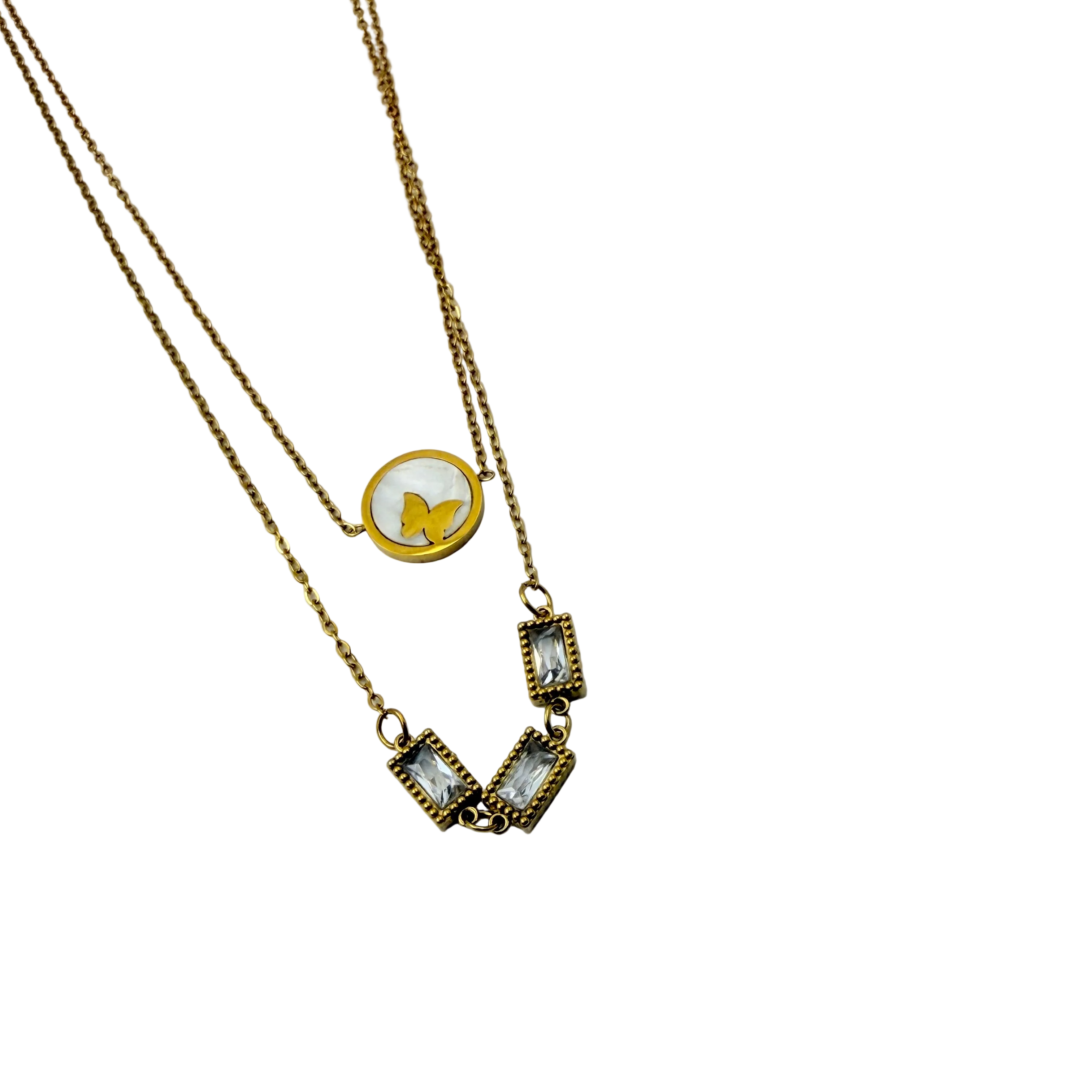 Butterfly Layered Crystal Gold Necklace