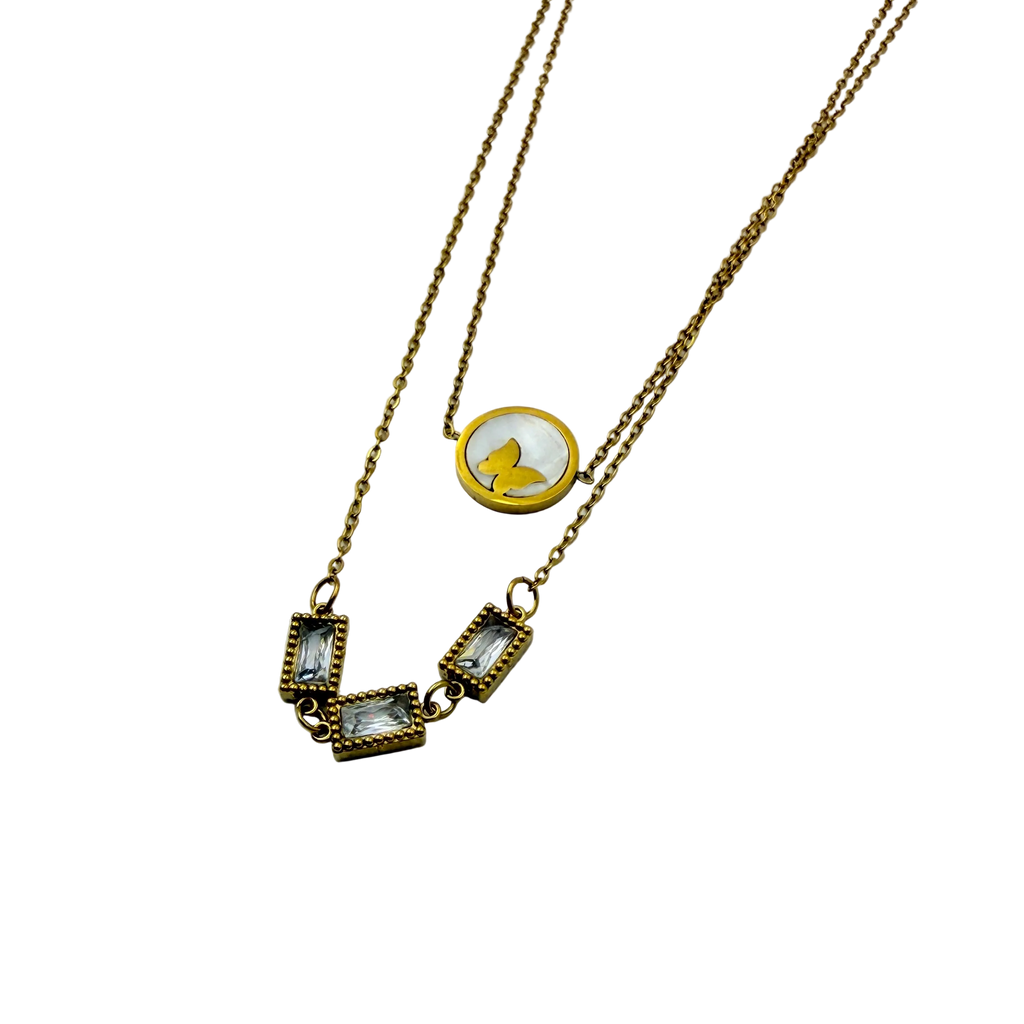 Butterfly Layered Crystal Gold Necklace