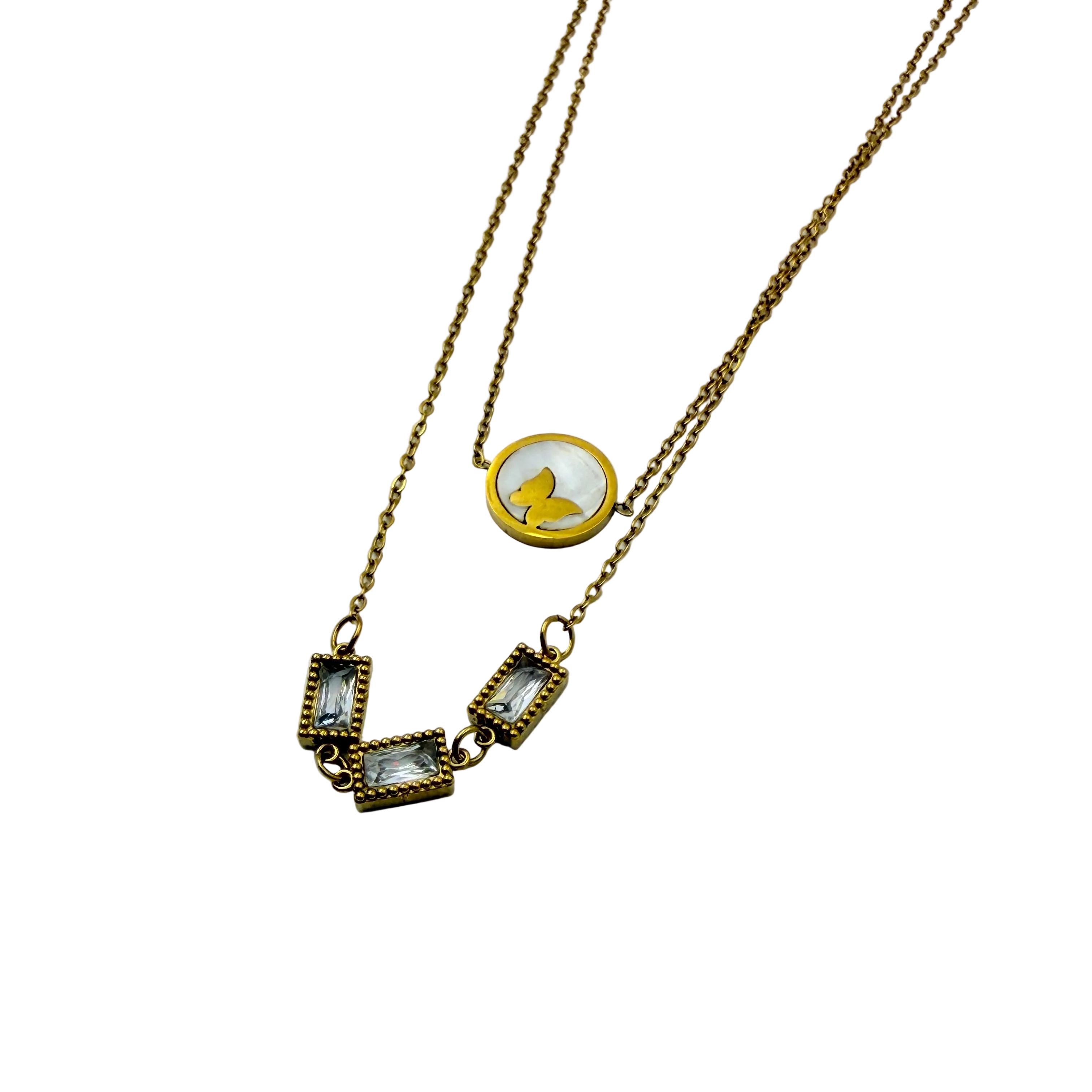 Butterfly Layered Crystal Gold Necklace