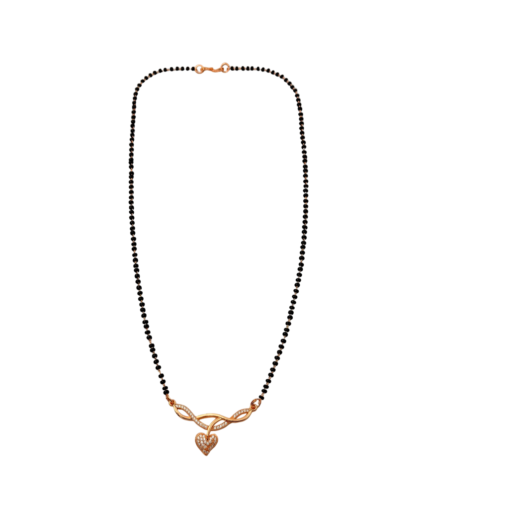 Rose gold-tone heart mangalsutra necklace with CZ stone infinity motif, full necklace flat-lay view