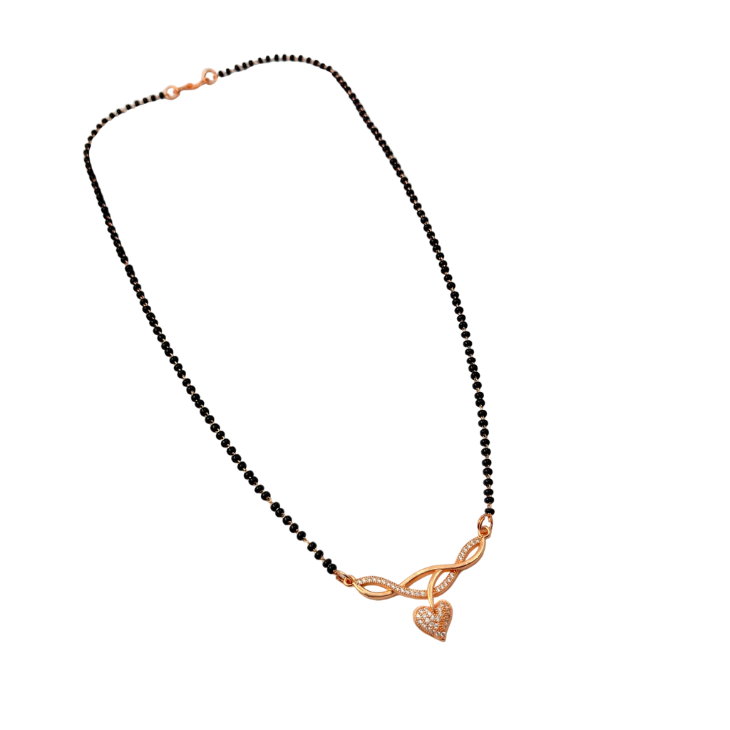 Rose gold-tone heart mangalsutra necklace with CZ stone infinity motif and black bead chain, full necklace flat-lay top view