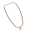 Rose gold-tone heart mangalsutra necklace with CZ stone infinity motif and black bead chain, full necklace flat-lay top view