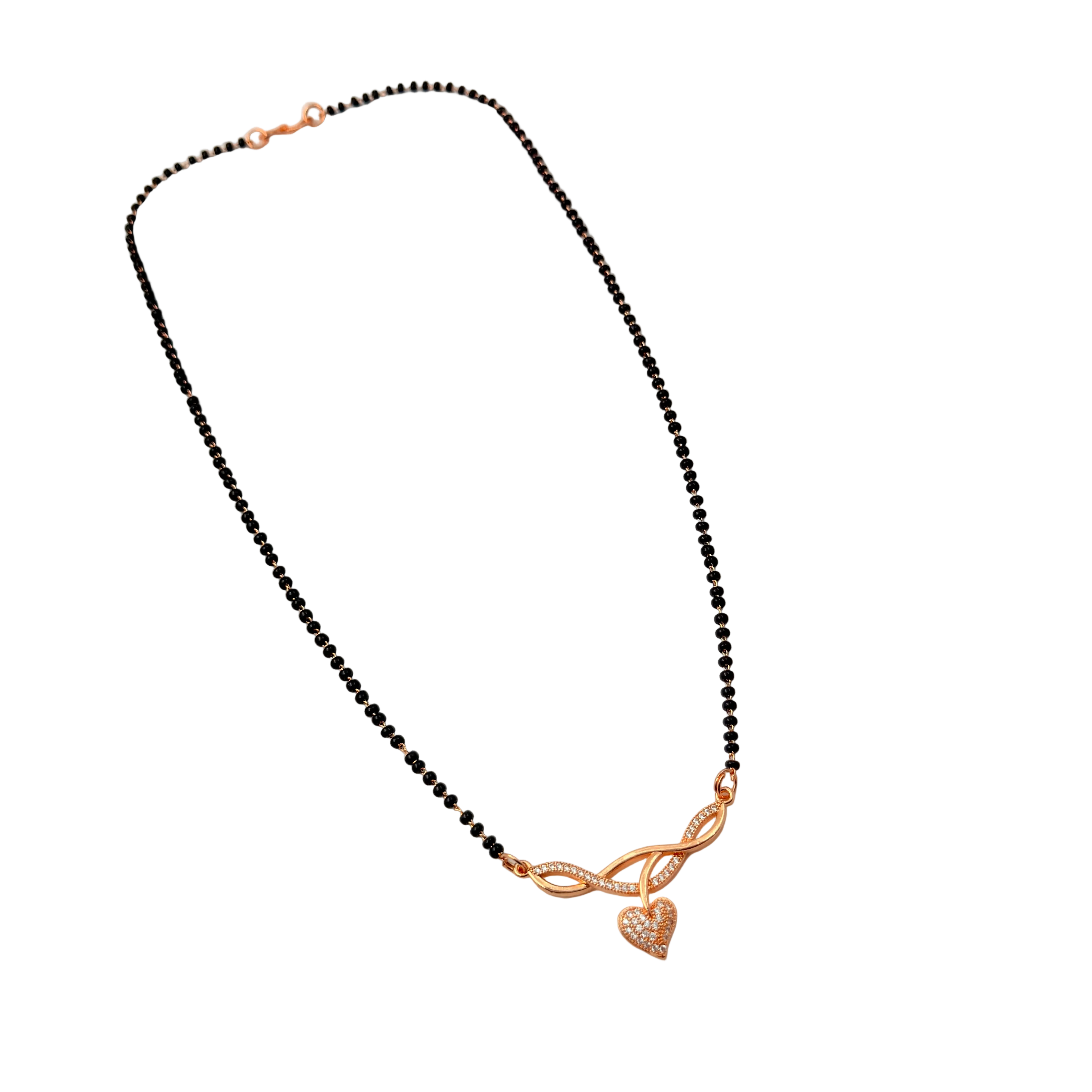 Rose gold-tone heart mangalsutra necklace with CZ stone infinity motif and black bead chain, full necklace flat-lay top view