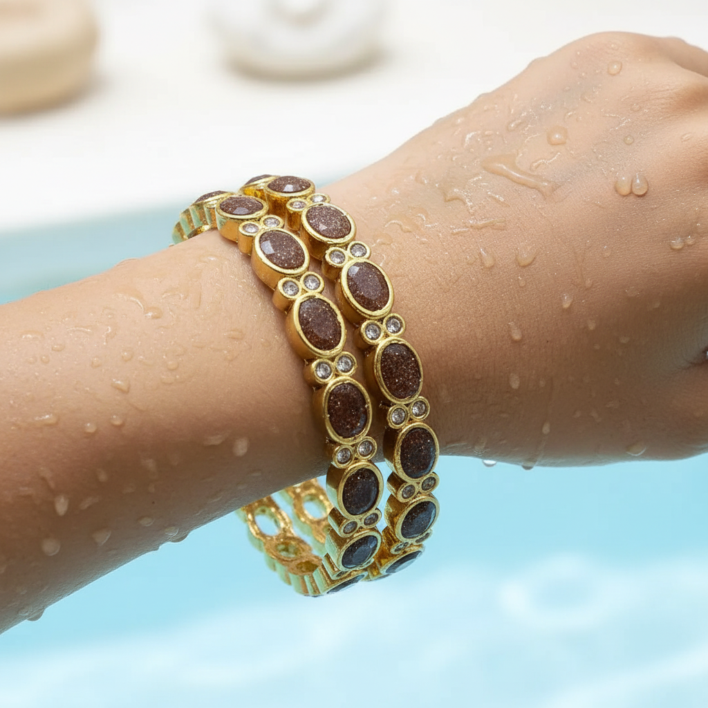 Classic Oval Stone & Crystal Gold Bangle Set