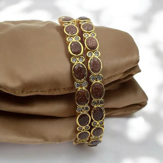 Classic Oval Stone & Crystal Gold Bangle Set