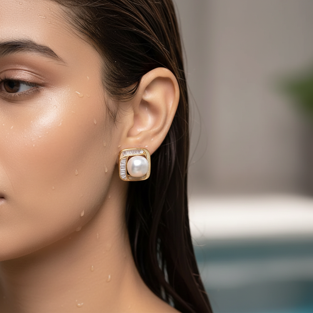 Radiant Pearl Square Stud Earrings