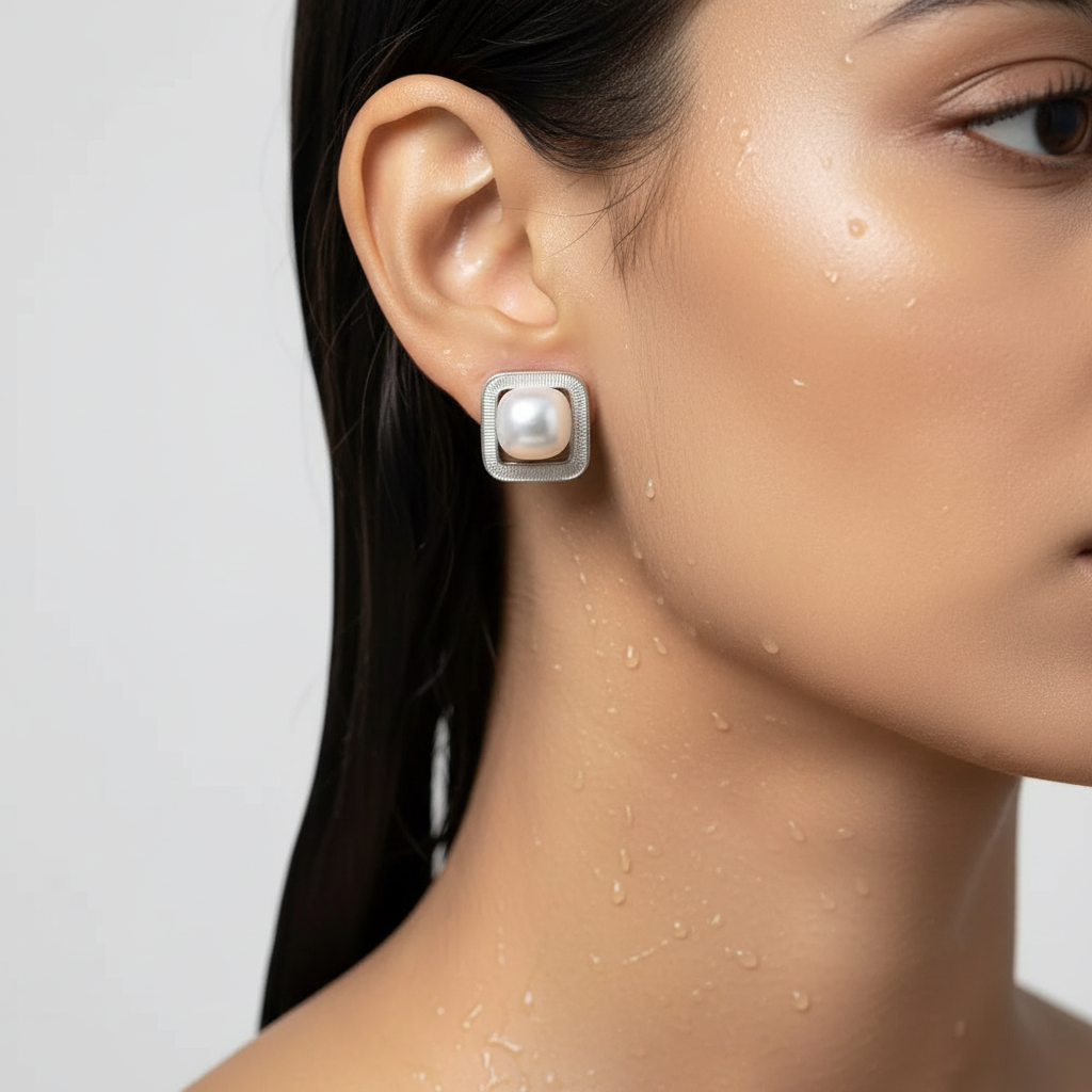 Silver Pearl Square Stud Earrings