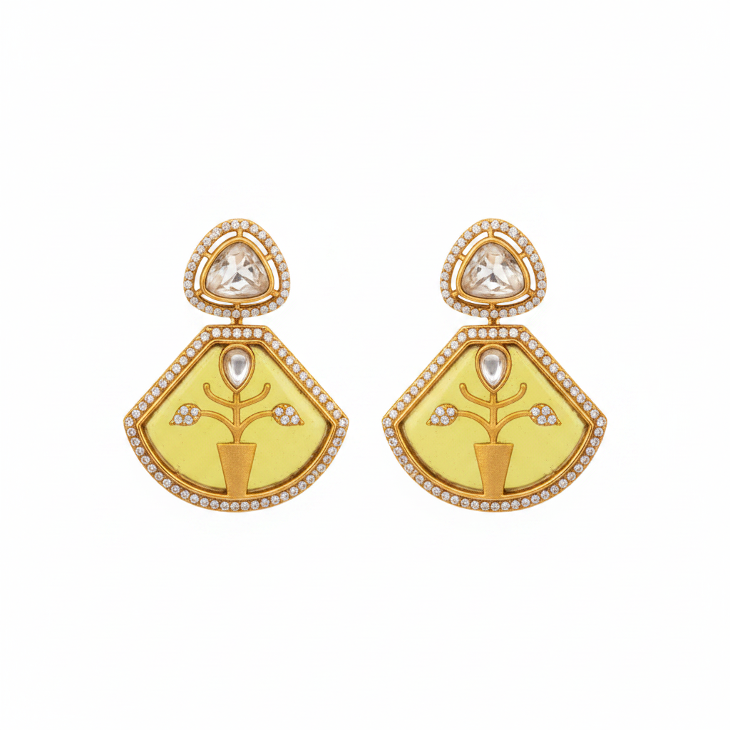 Lime Enamel Kundan Floral Statement Earrings