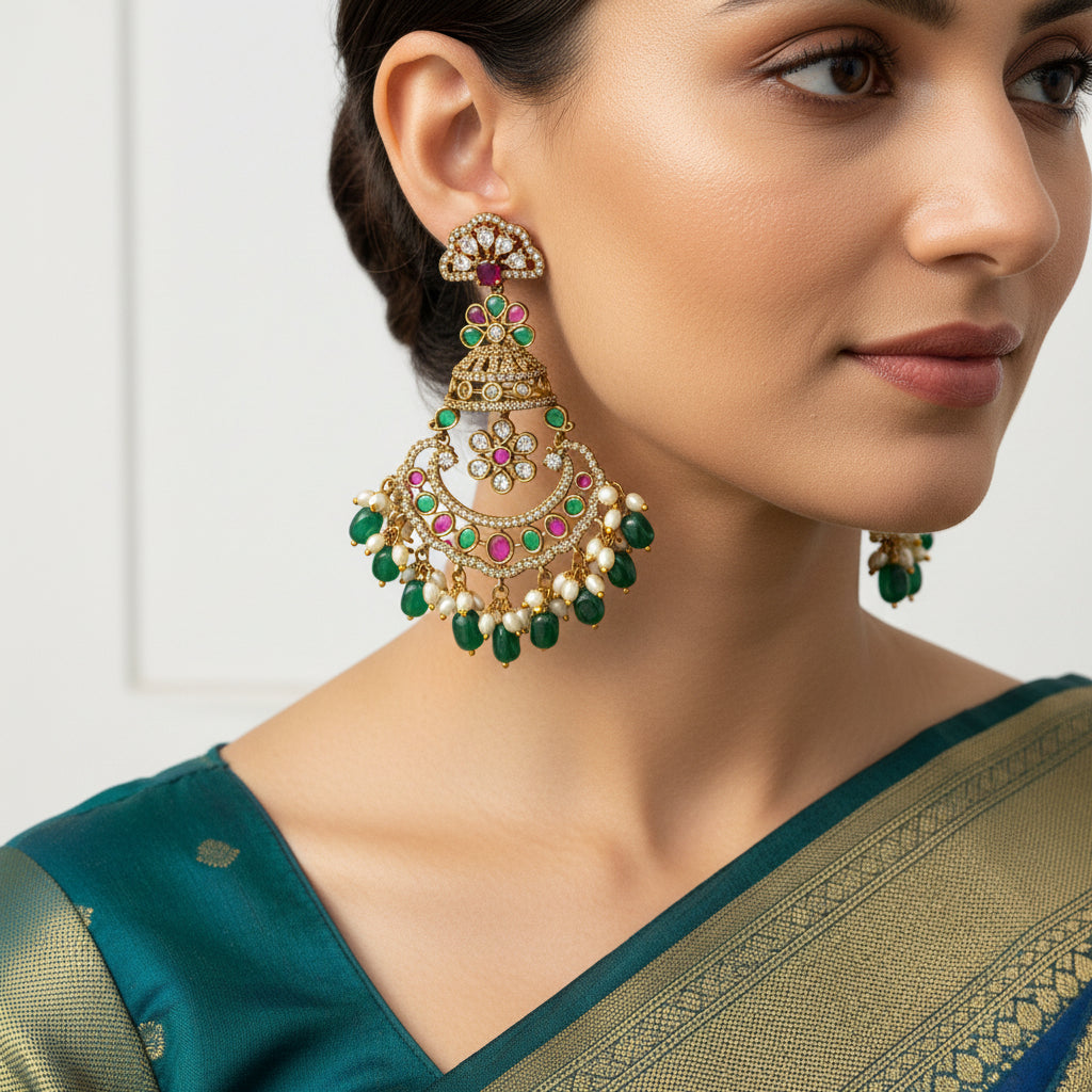 Pair of ornate earrings with green and pink stones