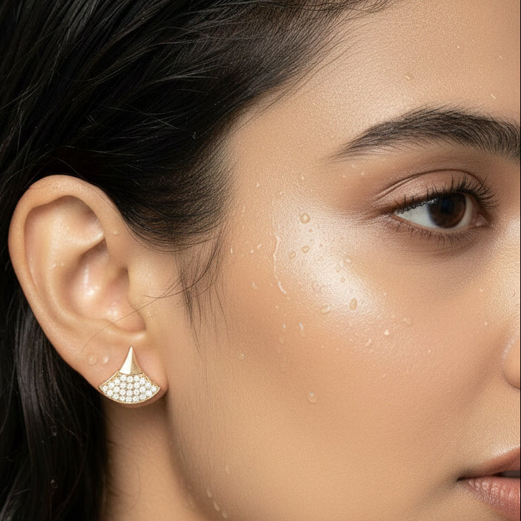 Modern Fan Pavé Studs gold earrings with CZ stones