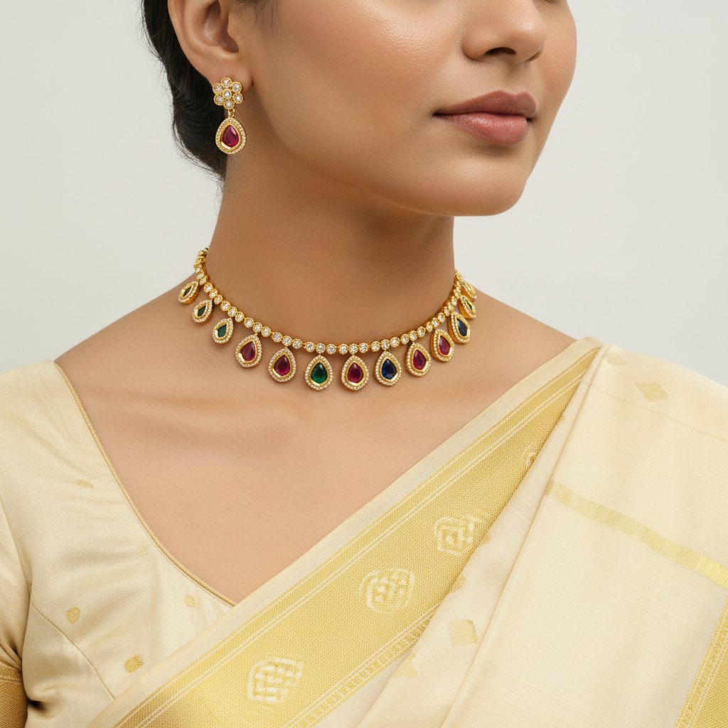 Woman wearing a gold necklace with colored stones and earrings on a plain background