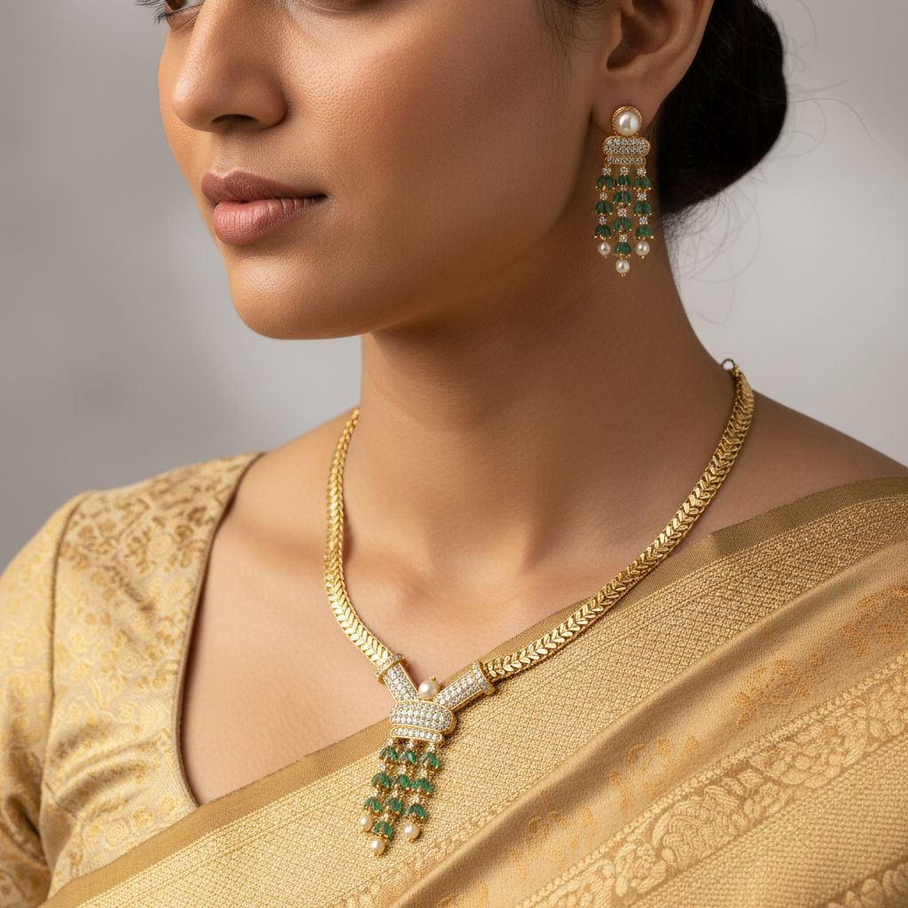 Emerald Drape Elegance Necklace and Earrings Set