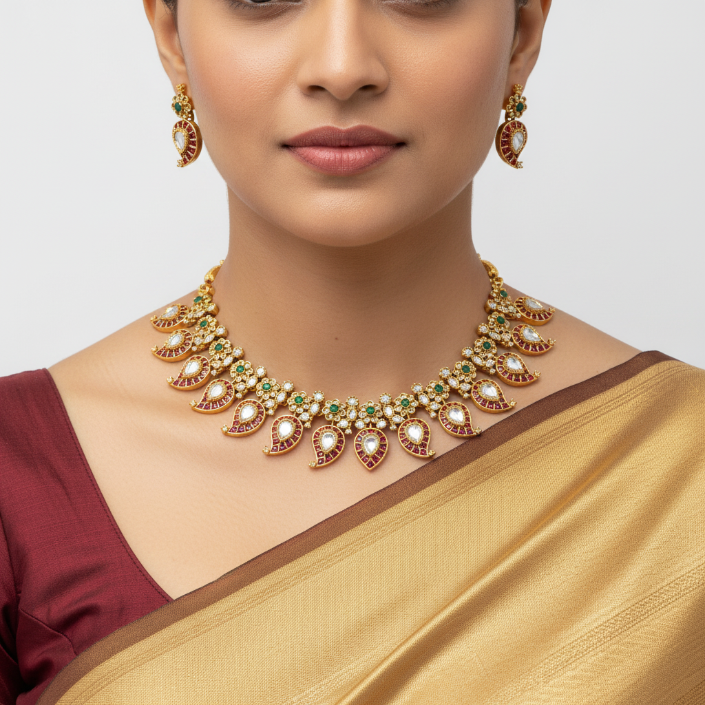Woman wearing a gold necklace and earrings with a plain background