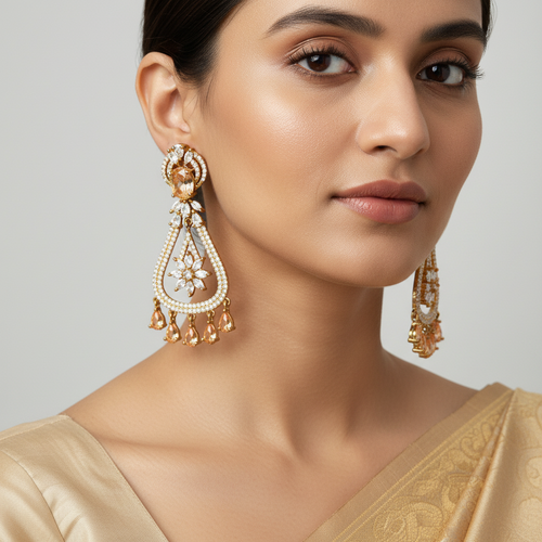 Woman wearing gold and pearl earrings with a neutral background