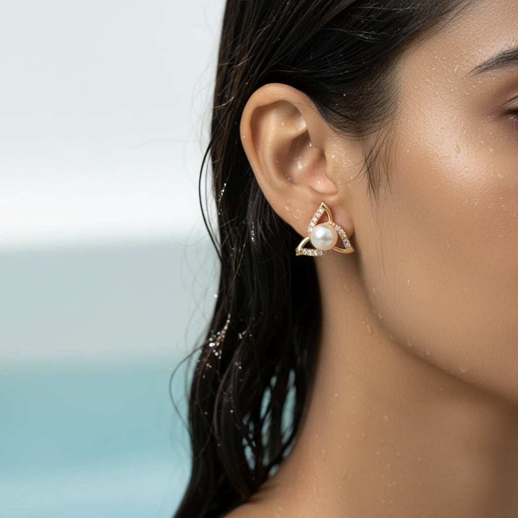 Pearl Bloom CZ Stud Gold earring with pearl-like center