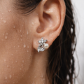 Close-up of an ear wearing a decorative earring with a pearl, on a blurred background.