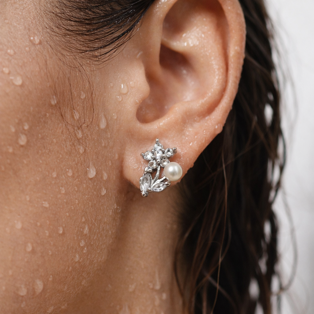 Close-up of an ear wearing a decorative earring with a pearl, on a blurred background.