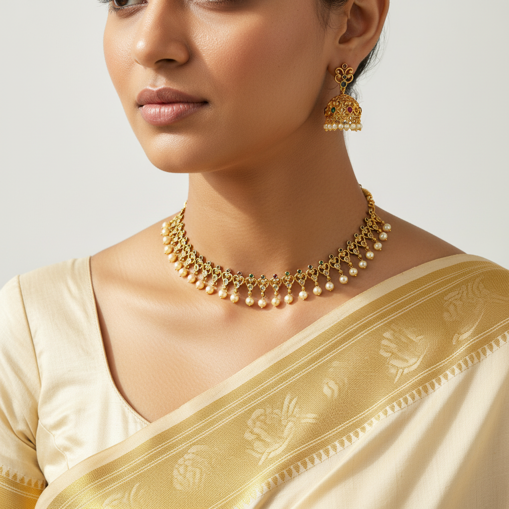 Woman wearing a gold necklace and earrings with a beige saree on a light background
