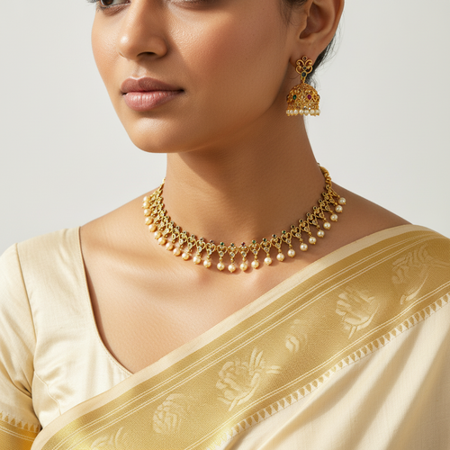 Woman wearing a gold necklace and earrings with a beige saree on a light background