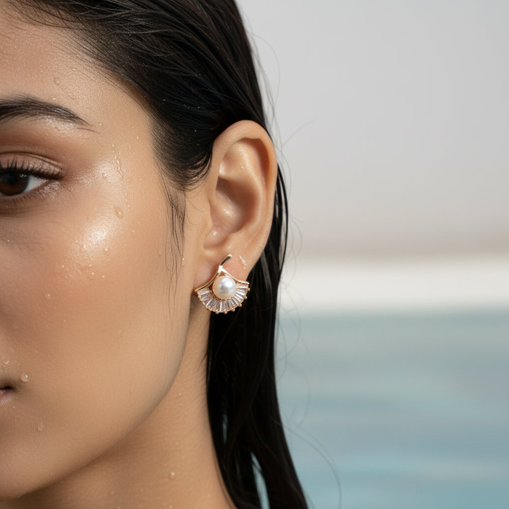Pearl Halo Fan Stud Earring 
