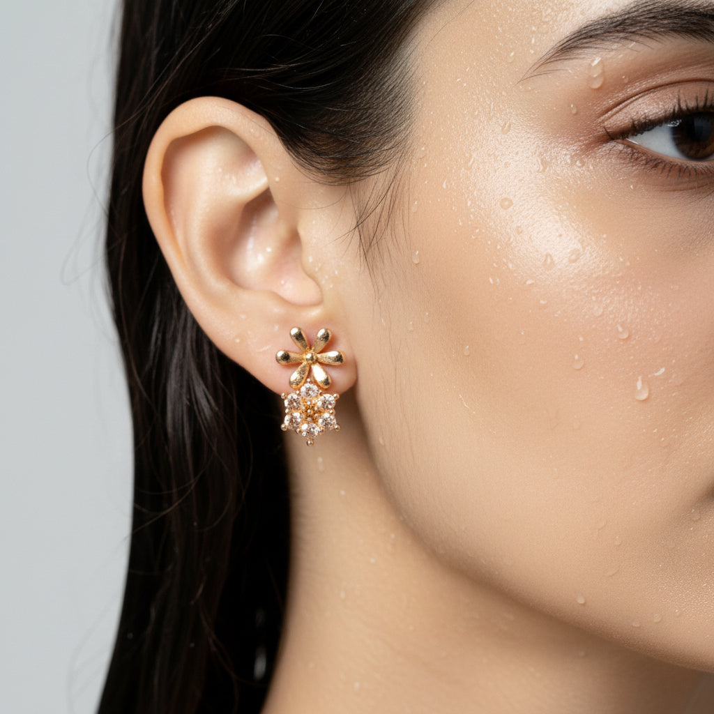 Petal Bloom CZ Drop gold floral earring
