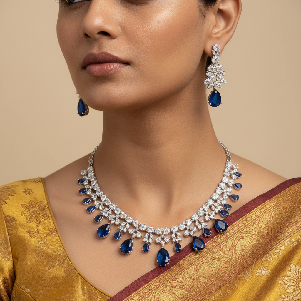 Midnight Bloom American Diamond (AD) Necklace and Earrings Set