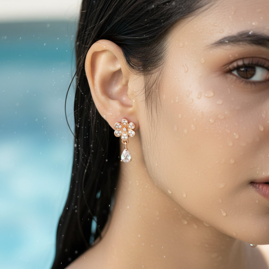 Radiant Pavé Blossom Drops rose gold flower earring