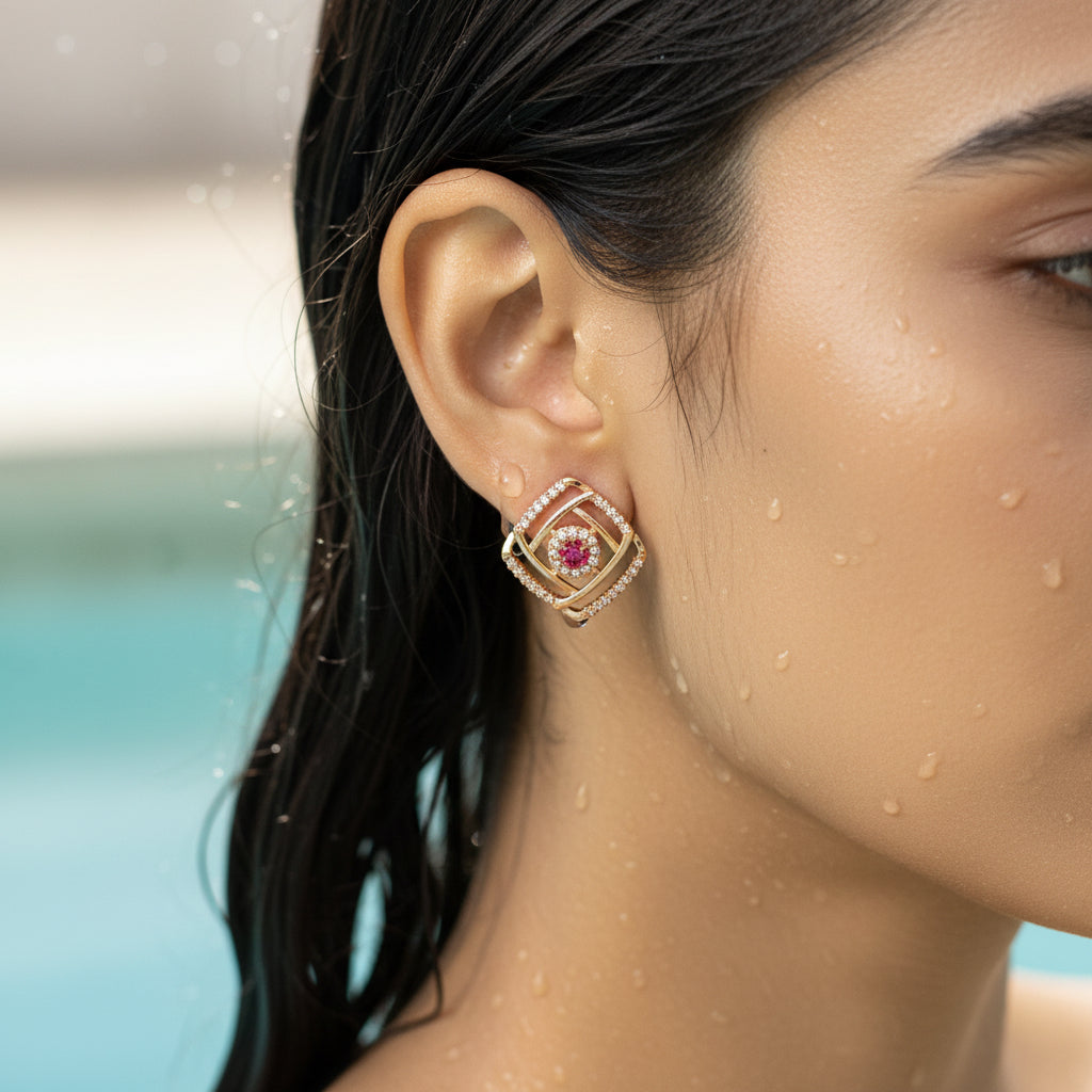 Radiant Ruby-Hue Geometric Studs earrings