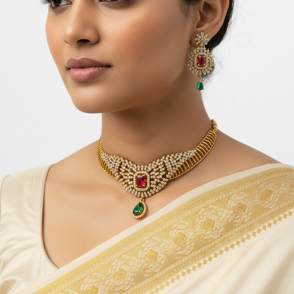 Woman wearing a gold necklace with red and green gemstones on a plain background