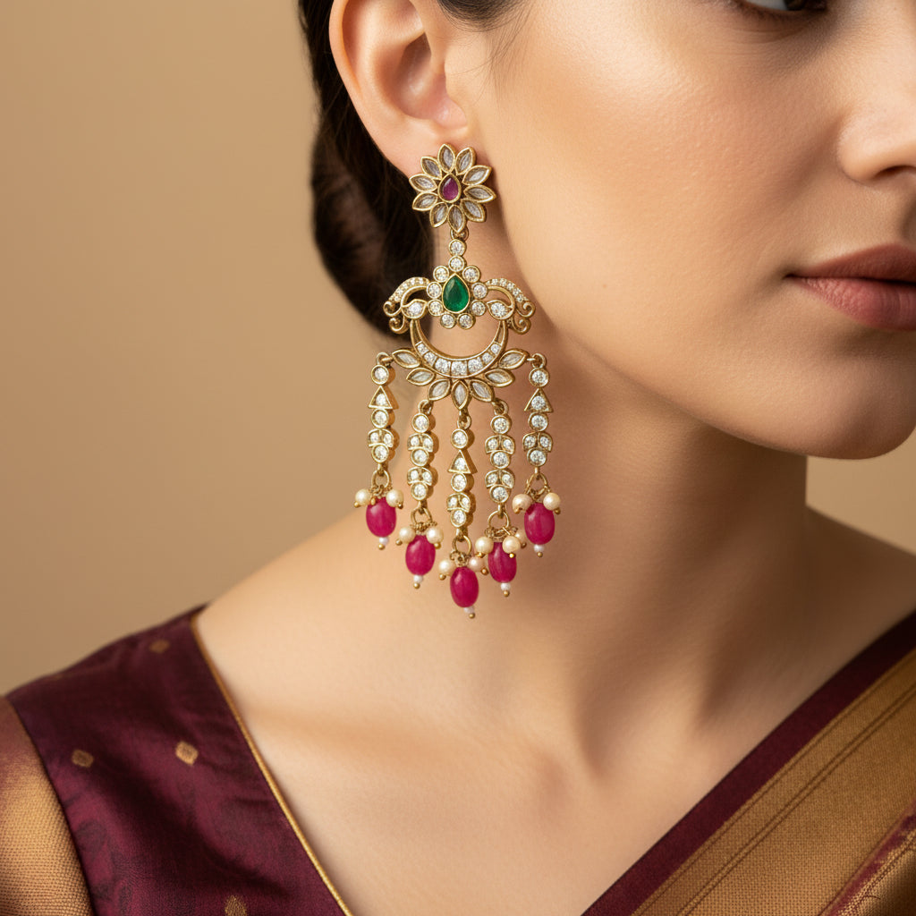 Ornate gold earrings with red stones