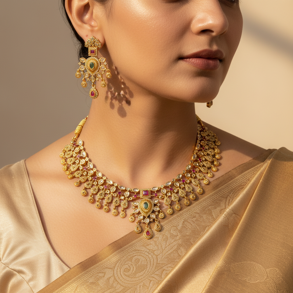 Woman wearing a gold necklace and earrings with a beige saree against a neutral background