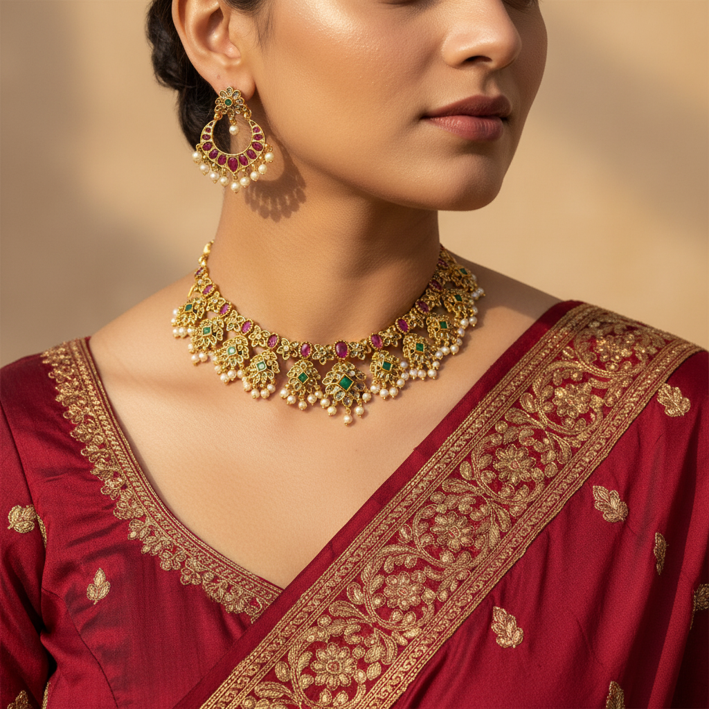 Woman wearing a red saree with gold embroidery and a matching necklace and earrings.