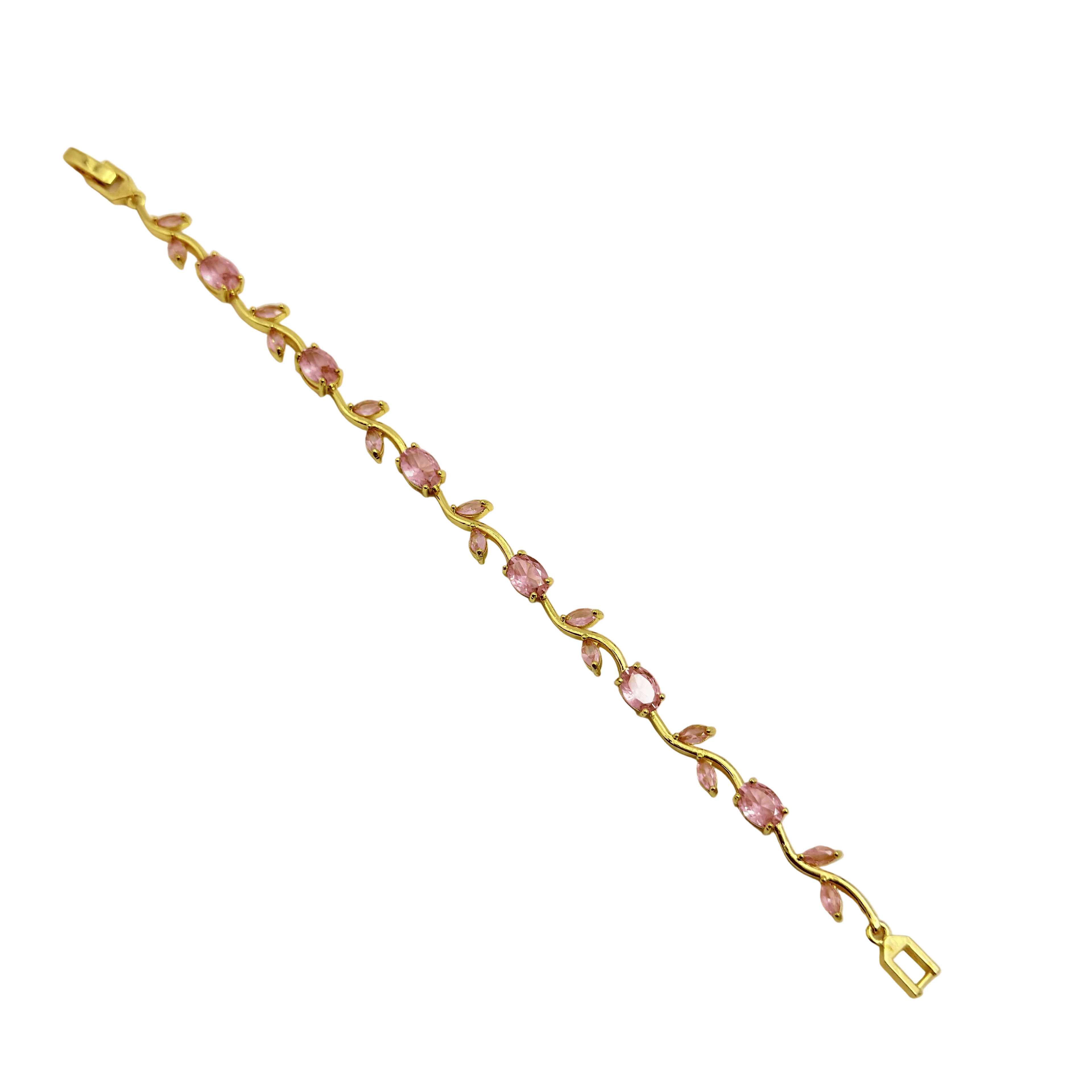 Gold bracelet with pink gemstones on a white background