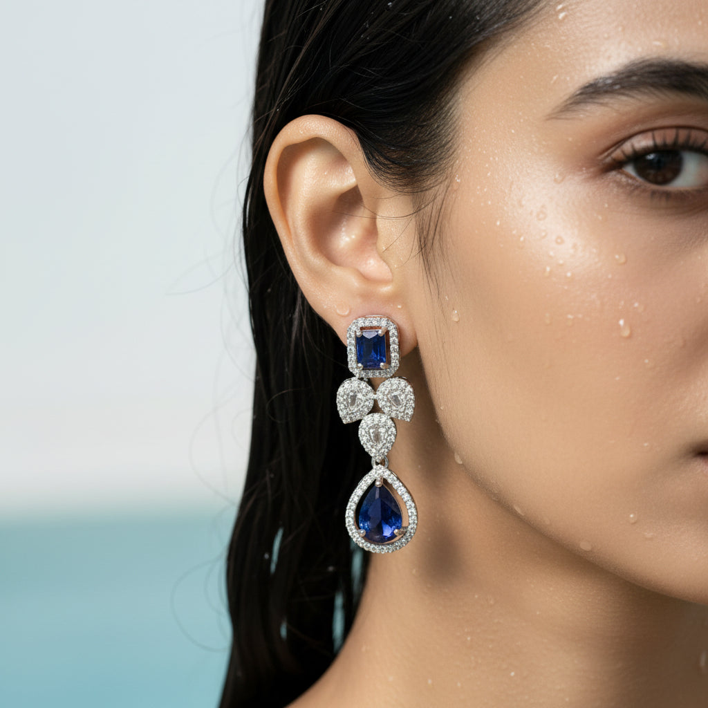 Pair of teardrop Royal Blue Crystal Drop Statement Earrings