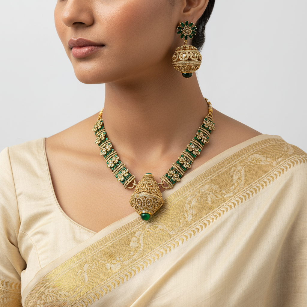 Woman wearing a gold and green necklace and earrings on a plain background