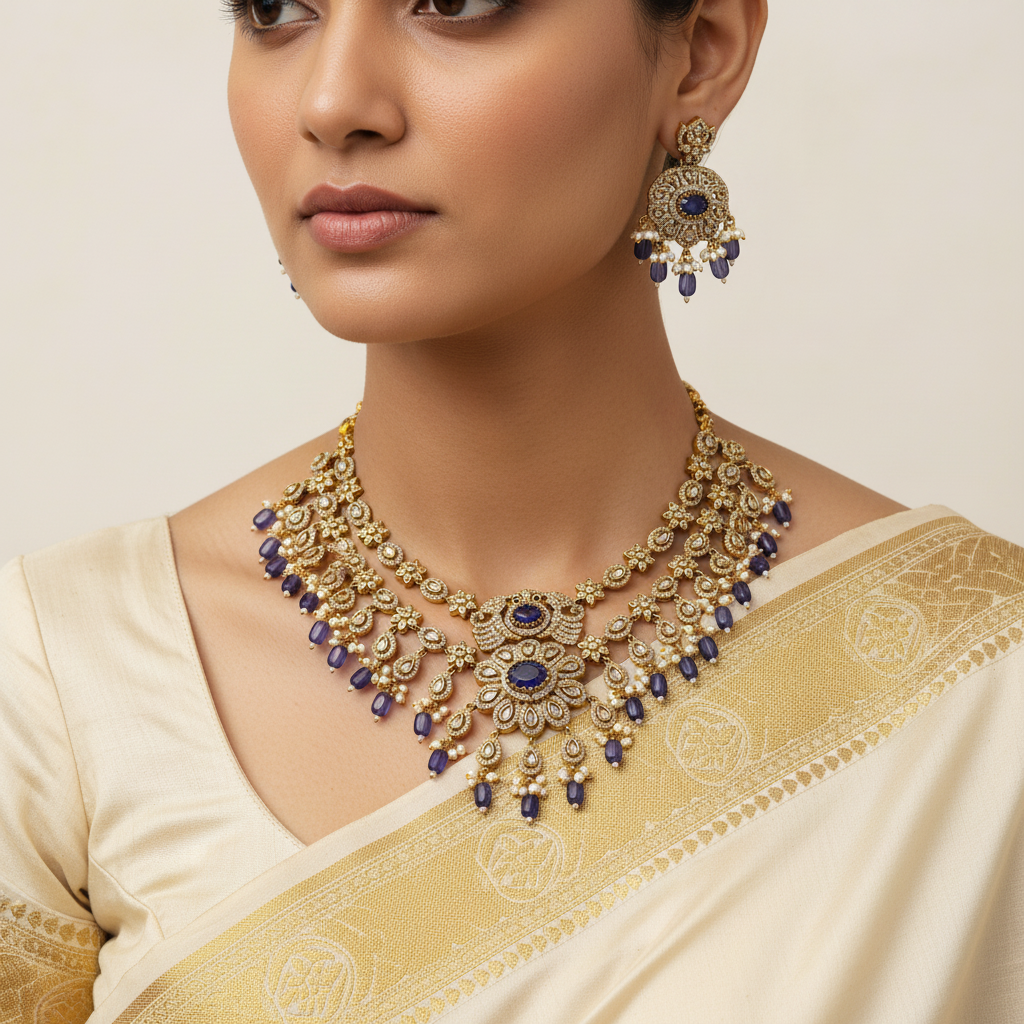 Woman wearing a gold and blue necklace with earrings on a plain background