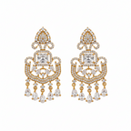 Gold-tone kundan-style chandelier earrings with crystal drops, flat-lay pair on white background