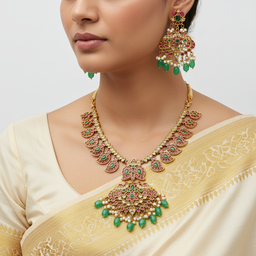 Woman wearing a gold necklace and earrings with green gemstones on a plain background