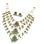 Jewelry set with necklace and earrings featuring green stones and gold accents on a white background
