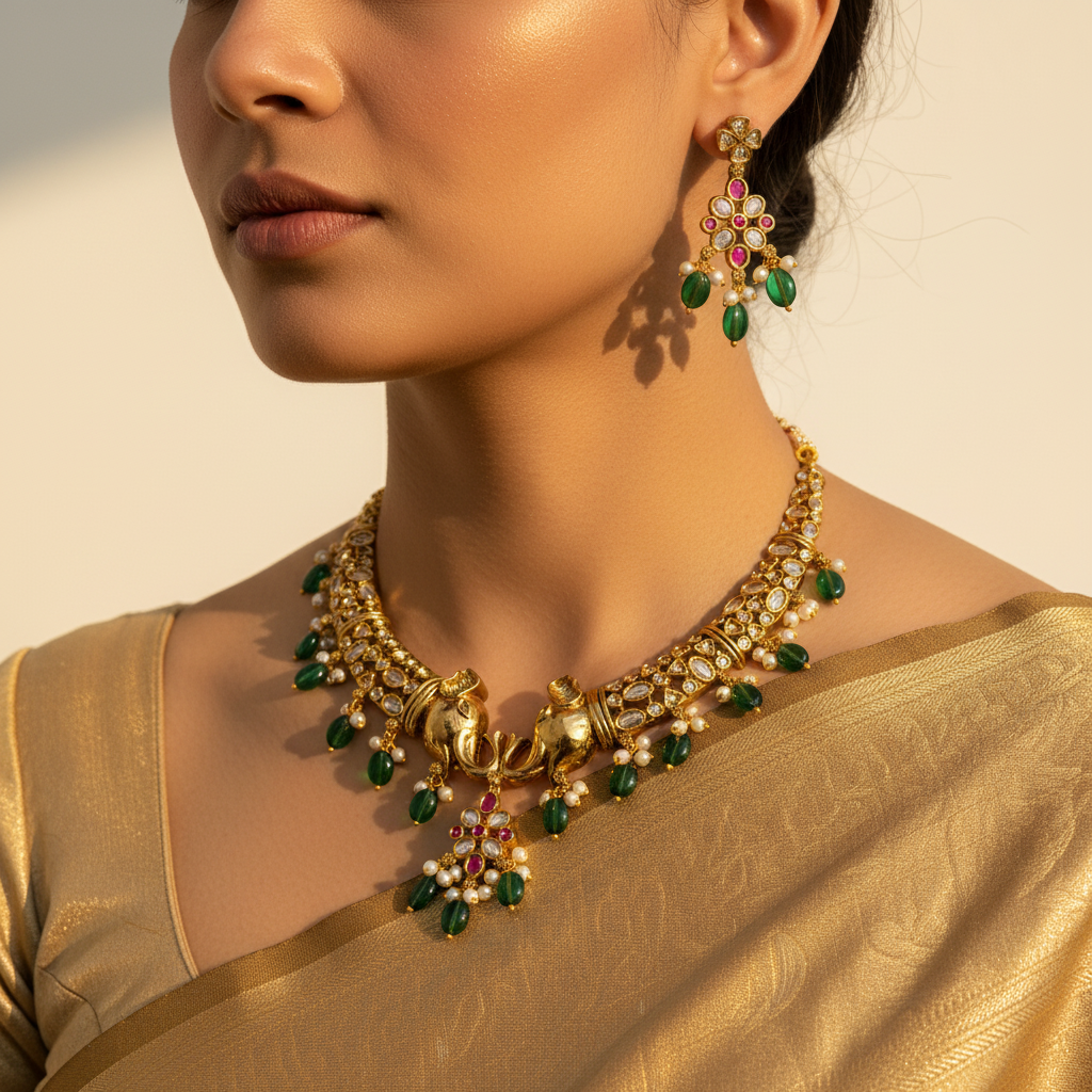 Woman wearing gold jewelry with green and red stones against a neutral background
