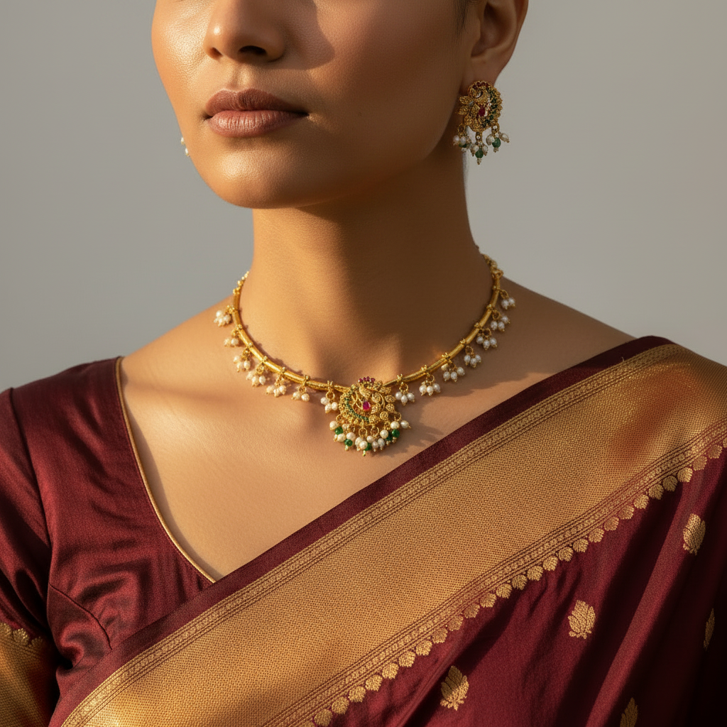 Woman wearing a traditional maroon saree with gold jewelry on a neutral background