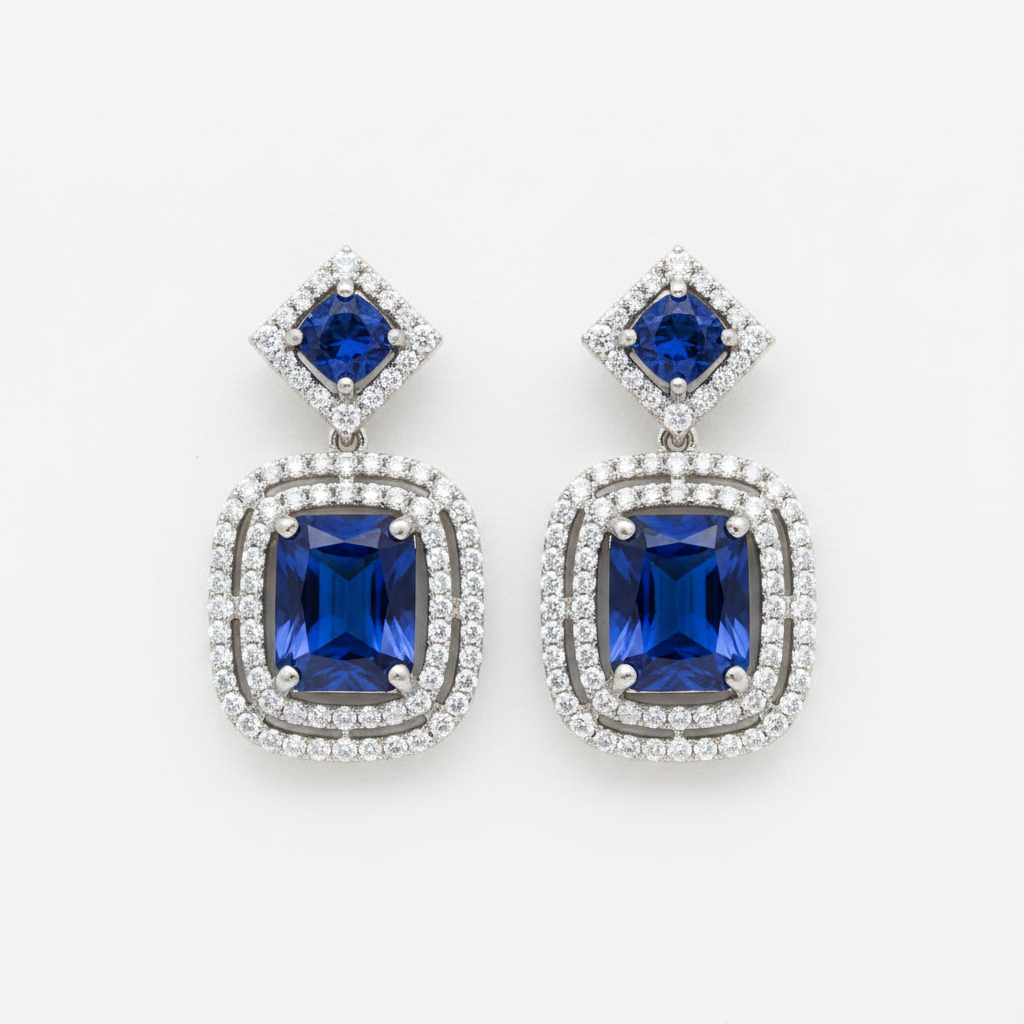 Royal Sapphire Cushion Halo Statement Earrings