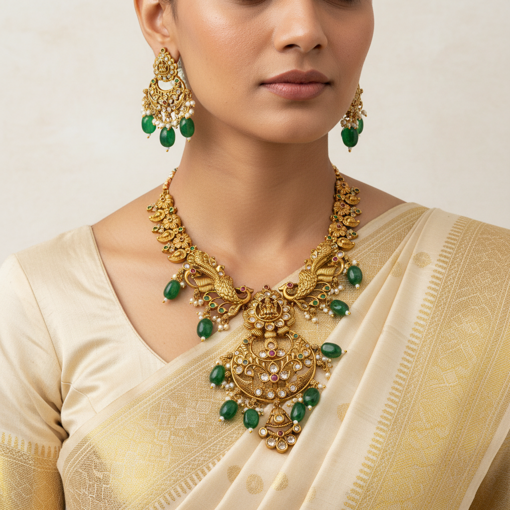 Woman wearing gold jewelry with green stones on a plain background
