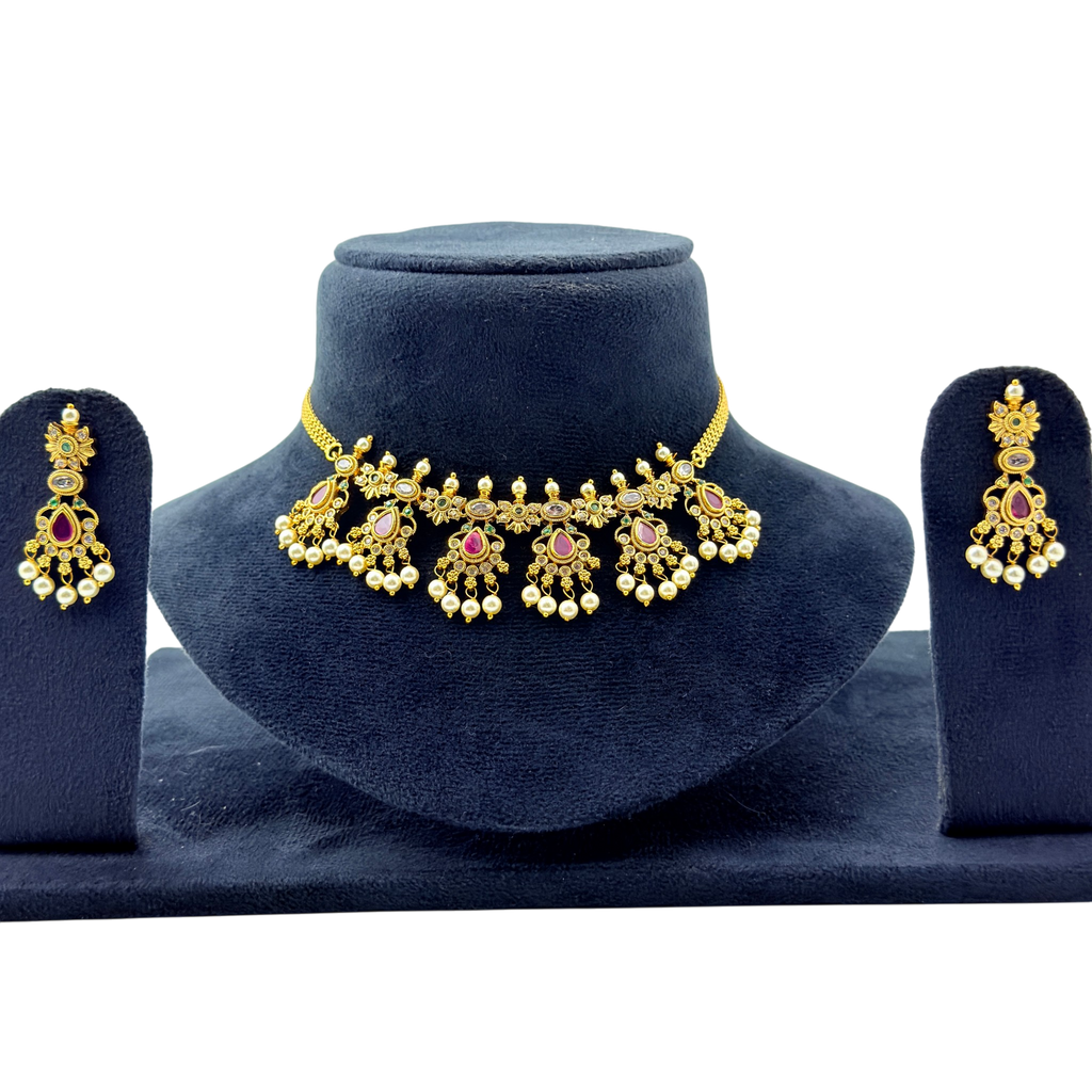 Ruby Drop Pearl Fringe Choker Set