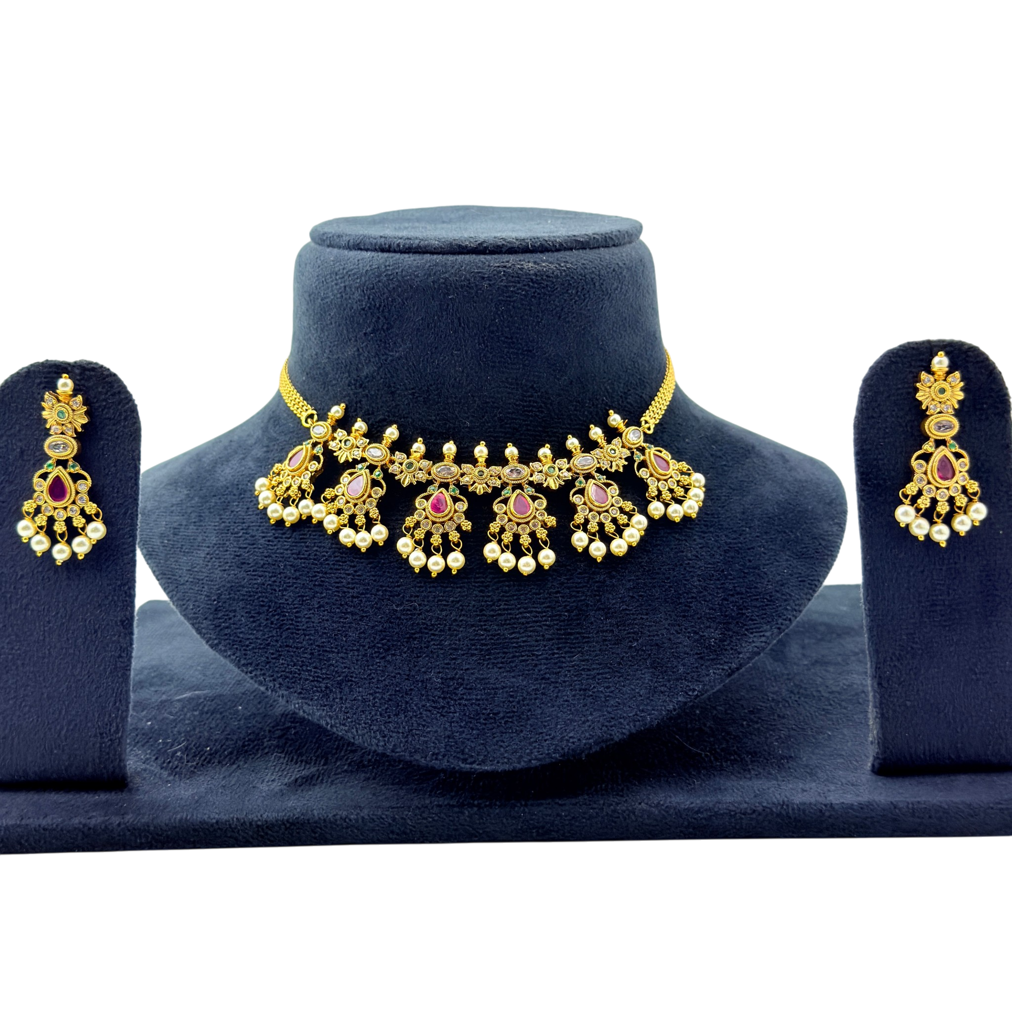 Ruby Drop Pearl Fringe Choker Set