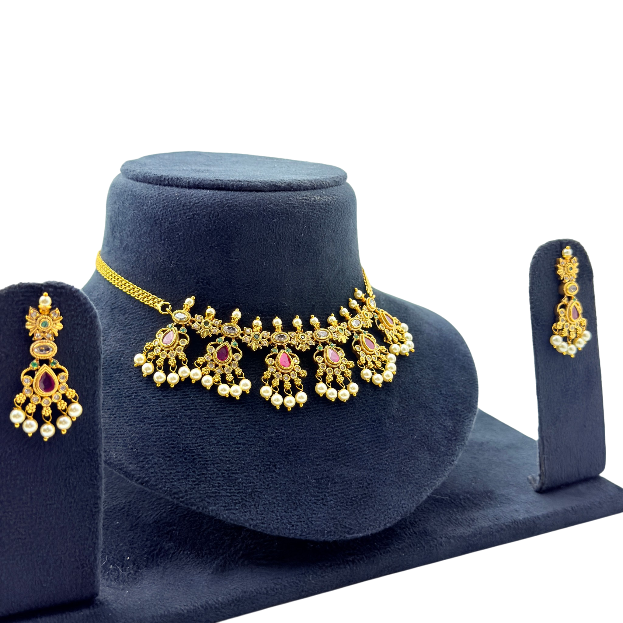 Ruby Drop Pearl Fringe Choker Set
