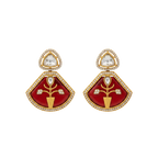 Gold-toned ruby enamel floral statement earrings with pave stone trim, flat-lay pair view