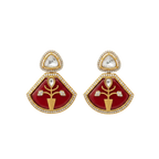 Gold-toned ruby enamel floral statement earrings with pave stone trim, flat-lay pair view