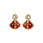Gold-toned ruby enamel floral statement earrings with pave stone trim, flat-lay pair view