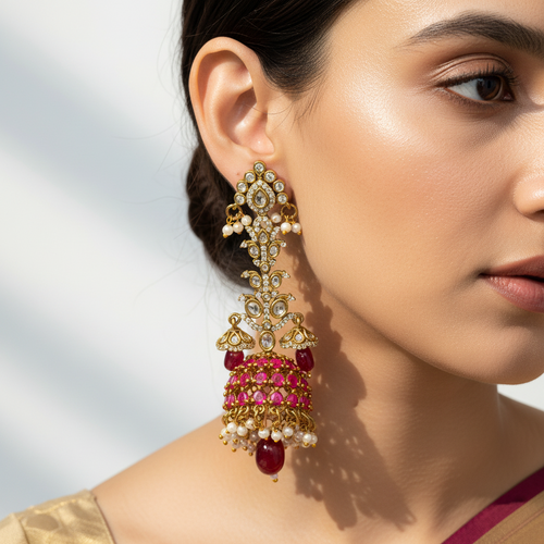 Close-up of a woman wearing a pair of ornate earrings with red and gold details.
